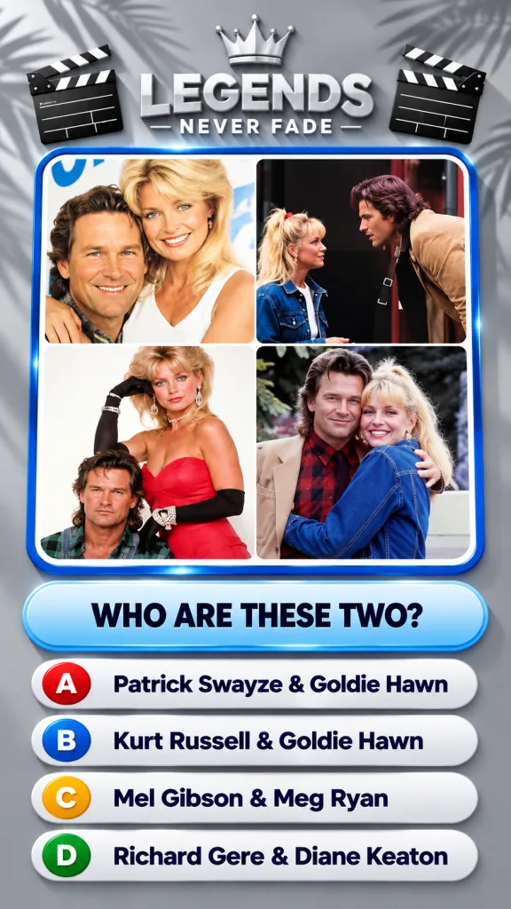 A quiz interface showing a collage of Kurt Russell and Goldie Hawn photos at different career stages with the question W
