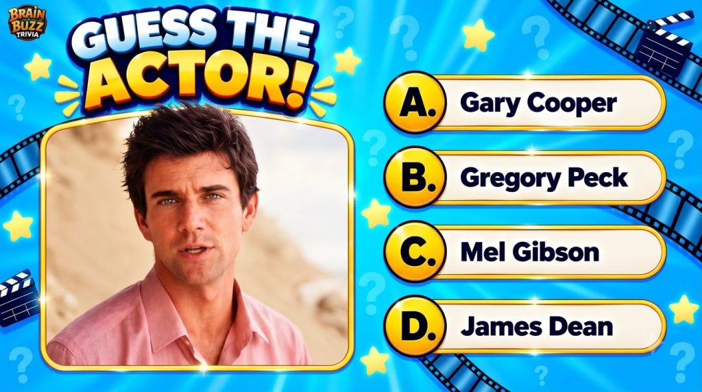 A mobile trivia game screen titled Guess The Actor with a headshot of a male actor dark hair pink shirt against a blurre