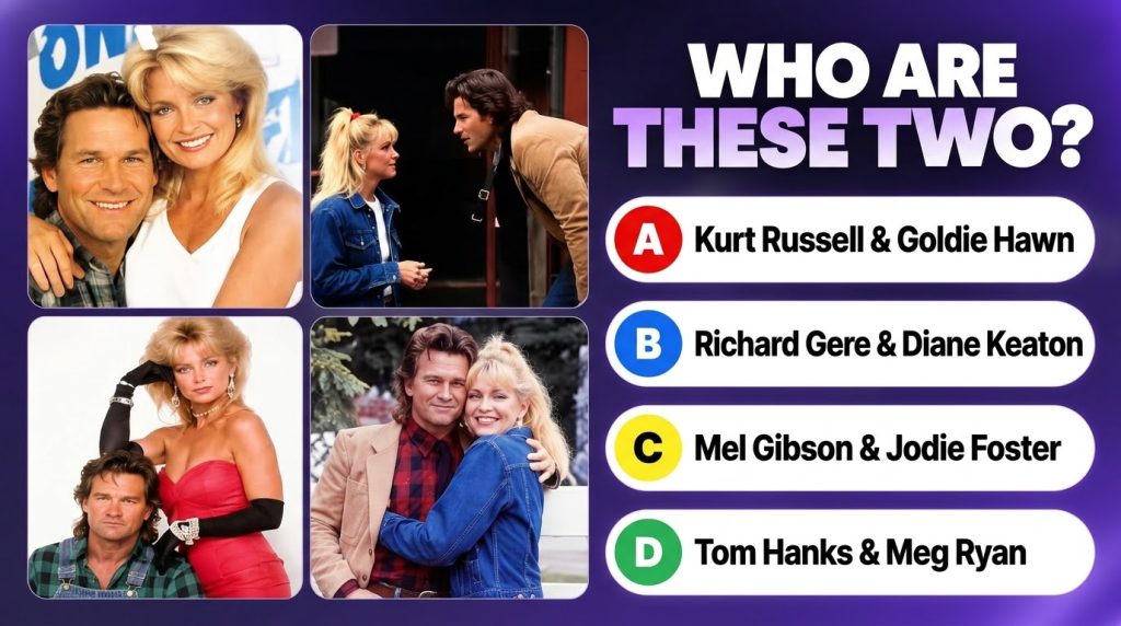 A social media quiz graphic asking WHO ARE THESE TWO featuring four panels of Kurt Russell and Goldie Hawn against a pur