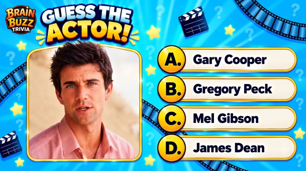 A mobile trivia game screen titled GUESS THE ACTOR featuring a headshot of a young Mel Gibson with dark hair and blue-gr