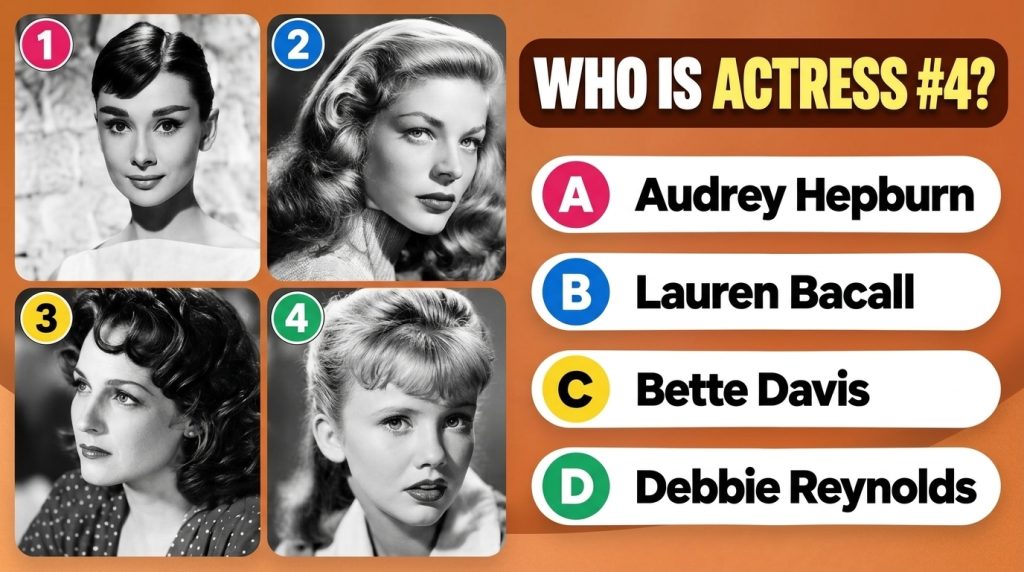 A social media quiz collage featuring four black and white headshots of classic Hollywood actresses Audrey Hepburn Laure