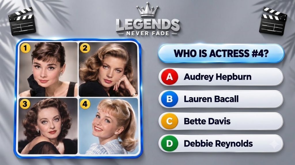 A mobile quiz interface featuring four framed portraits of classic Hollywood actresses Audrey Hepburn Lauren Bacall Bett