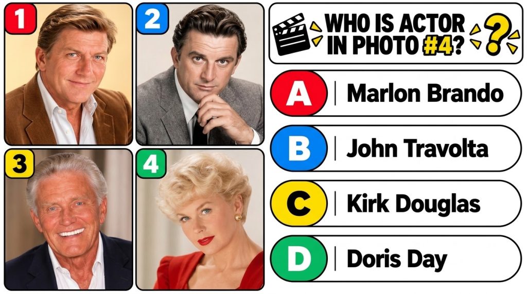 A multi-panel quiz image asking WHO IS ACTOR IN PHOTO 4 showing four celebrity portraits with Photo 4 being Doris Day in
