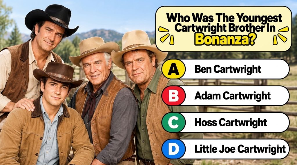 A quiz image showing the cast of Bonanza with a multiple-choice question Who played the youngest Cartwright brother and 