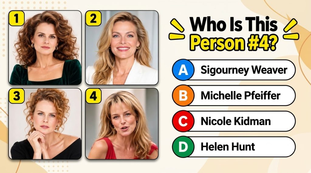 A social media quiz showing a grid of four headshots of women with one highlighted as Person 4 and multiple-choice optio