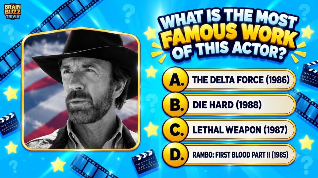 A black-and-white headshot of Chuck Norris framed in gold with a faded American flag background surrounded by film strip