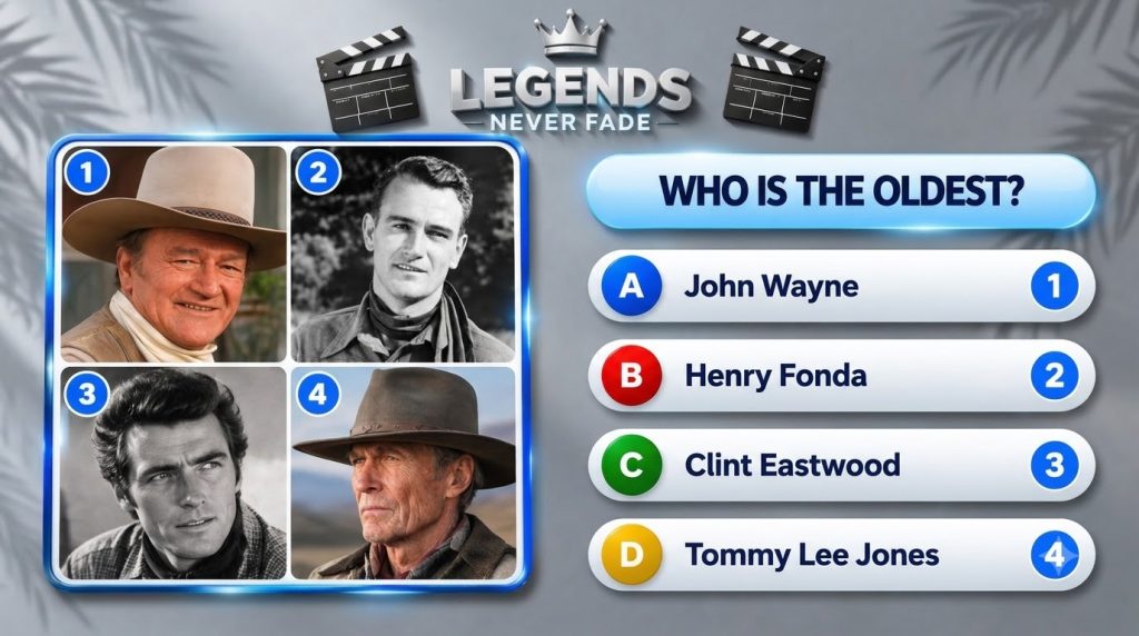 A mobile-style quiz interface asking WHO IS THE OLDEST featuring portraits of John Wayne Henry Fonda Clint Eastwood and 