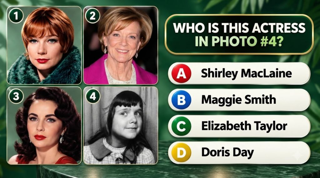 A trivia quiz interface featuring four portrait photographs of classic Hollywood actresses Shirley MacLaine Maggie Smith
