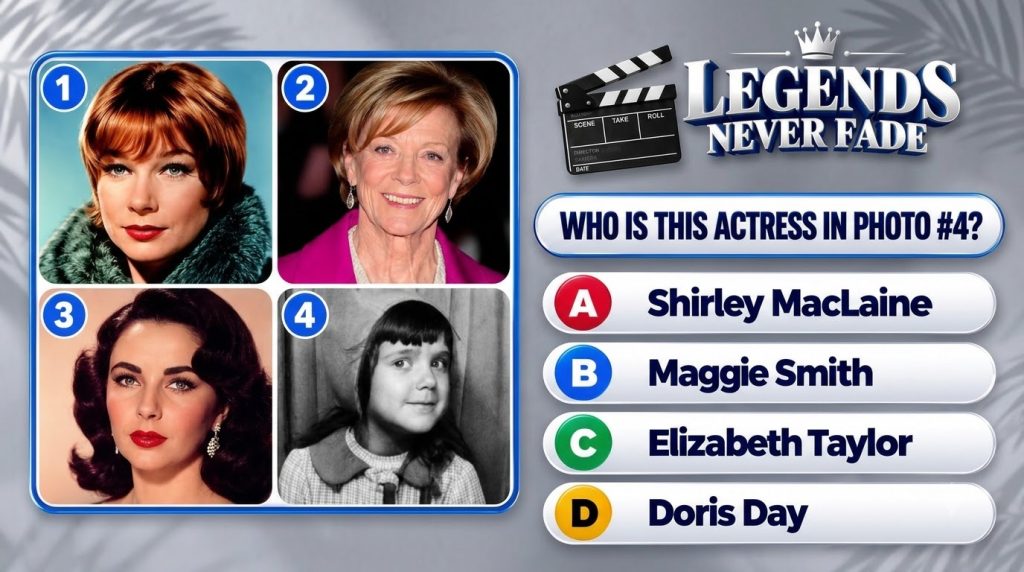 A classic Hollywood quiz with four framed portraits of actresses a film clapperboard and a question asking to identify t