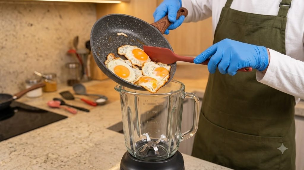 A person in blue gloves and a green apron holds a frying pan with five fried eggs over an empty clear glass blender jar 