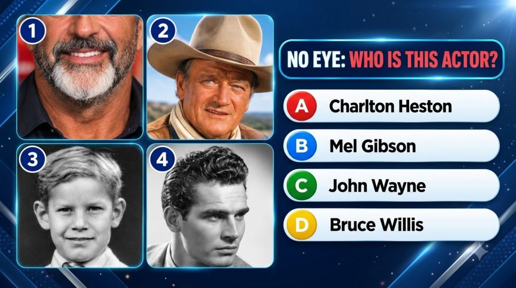 A mobile-friendly quiz game graphic with a 2x2 grid of four distinct portraits of male actors The first image shows the 