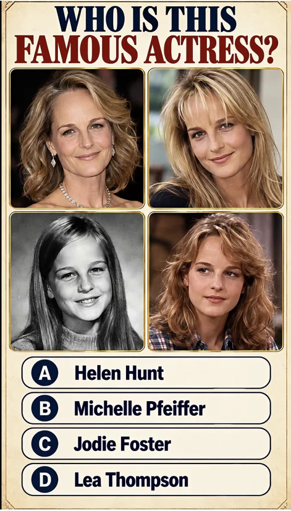 A quiz image featuring four photos of Helen Hunt at different ages with the question WHO IS THIS FAMOUS ACTRESS and mult