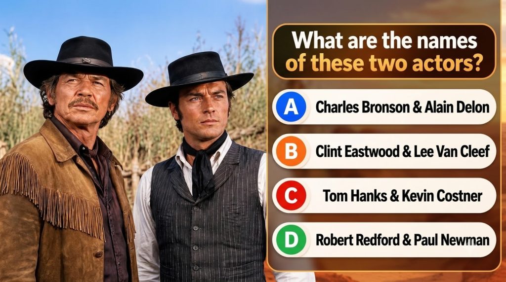 Two male actors Charles Bronson and Alain Delon in Western attire with cowboy hats Bronson wears a fringed leather jacke
