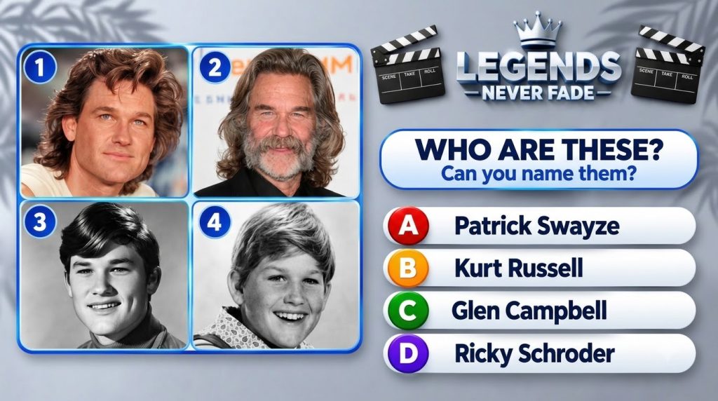 A 2x2 grid featuring four portraits of Kurt Russell at different ages from childhood to older adulthood The top row show