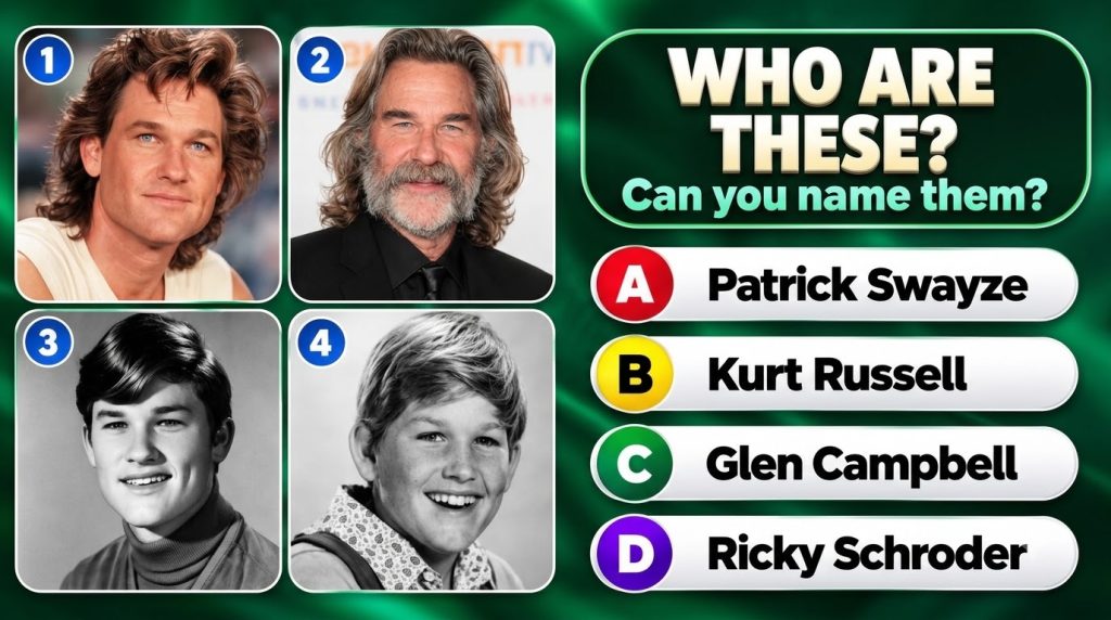 A vertical quiz-style graphic showing four portraits of actor Kurt Russell at different ages with the question WHO ARE T