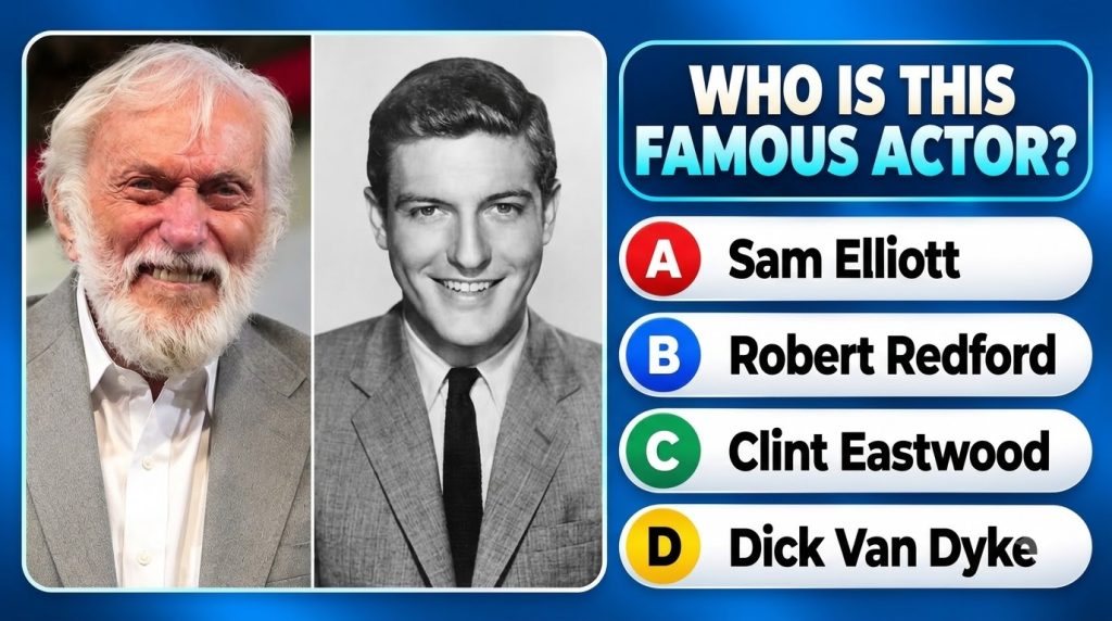 A quiz layout featuring two portraits of an actor one young and one old with the question WHO IS THIS FAMOUS ACTOR and f