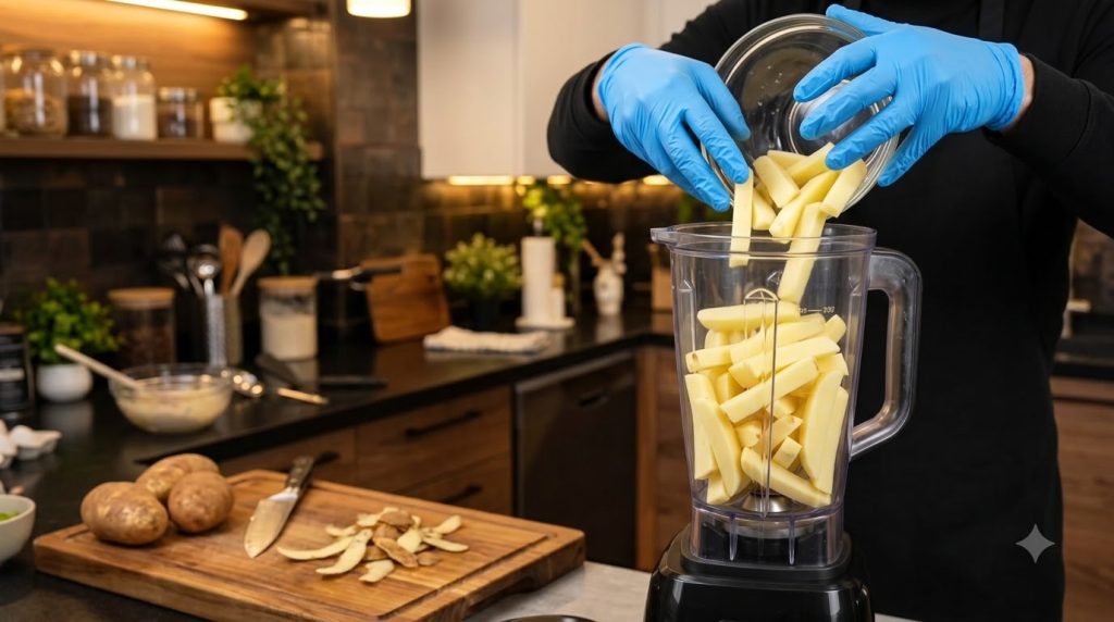 A person wearing blue gloves pours chopped potato pieces from a clear glass bowl into a transparent blender jug Many pot