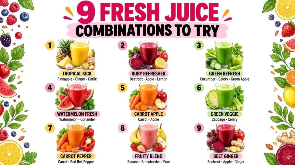 A grid display of nine distinct fresh juice and smoothie combinations each in a glass surrounded by its primary ingredie