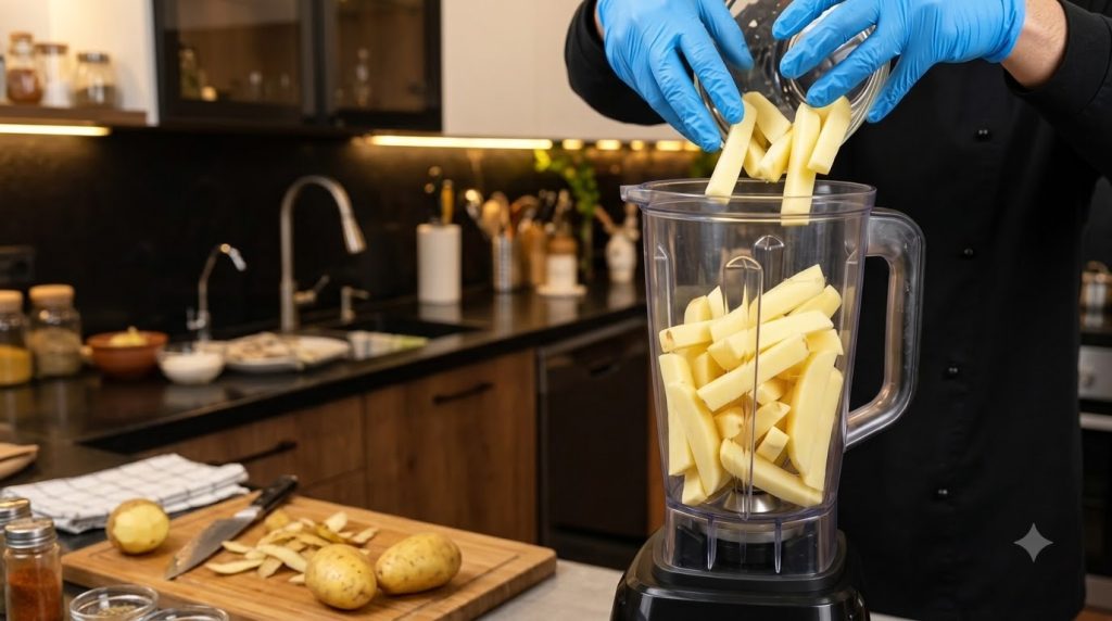 Hands in blue gloves pouring raw potato sticks from a glass bowl into a blender filled with more potato sticks