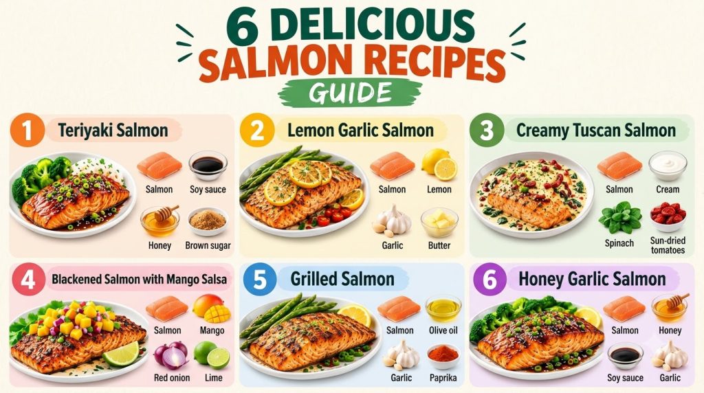 An infographic showcasing six different prepared salmon dishes each with its key ingredients arranged appealingly Styles