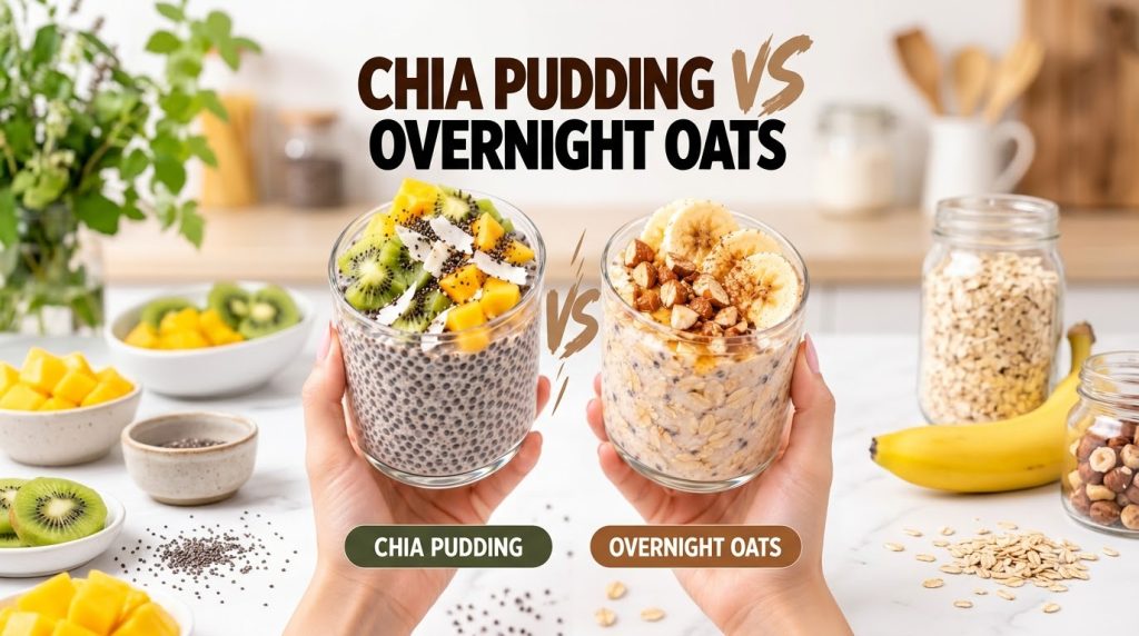 A side-by-side comparison of chia pudding and overnight oats in glass bowls with fresh fruit and nuts Chia pudding has k