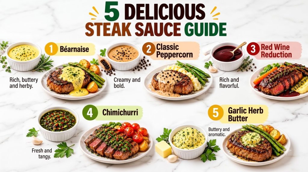 An infographic showing five different delicious and healthy steak sauces in ramekins with ingredients like herbs and pep