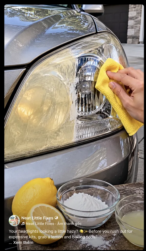 A close-up of a hazy car headlight being cleaned with one half visibly clearer than the other In the foreground a lemon 