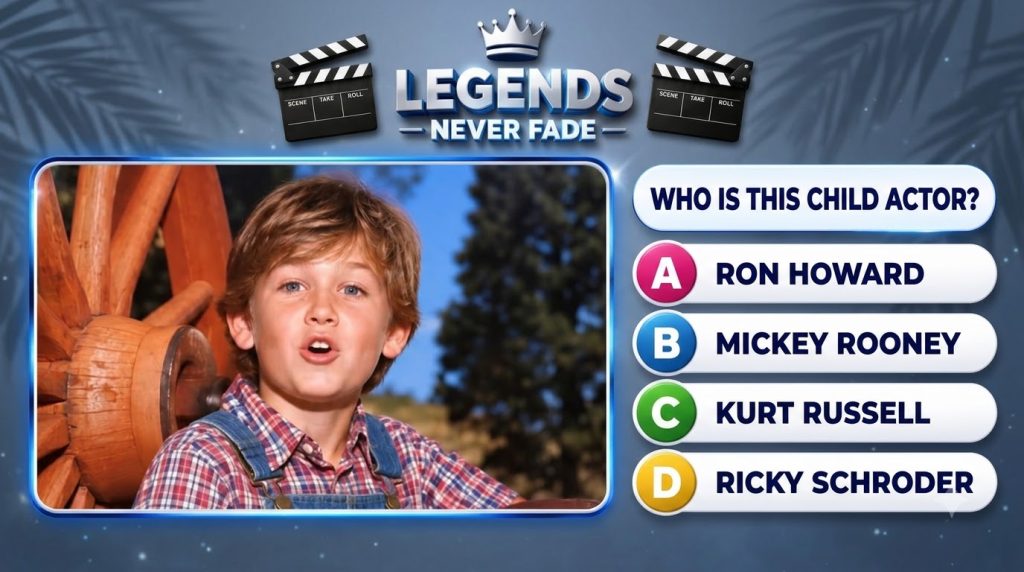 A quiz graphic featuring a portrait of a young Kurt Russell as a child with light brown hair and blue eyes wearing a pla
