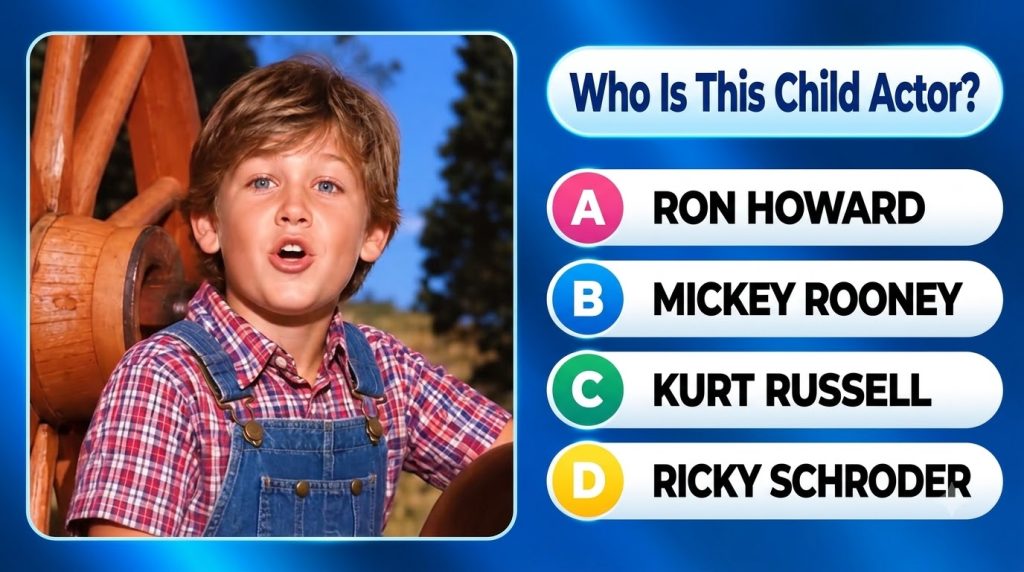 A quiz asking to identify a child actor featuring a headshot of a young boy with blue eyes brown hair plaid shirt and de