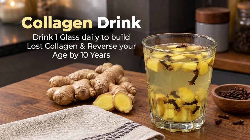 A clear glass of a pale yellow Collagen Drink with floating ginger and cloves surrounded by fresh ginger roots and a bow