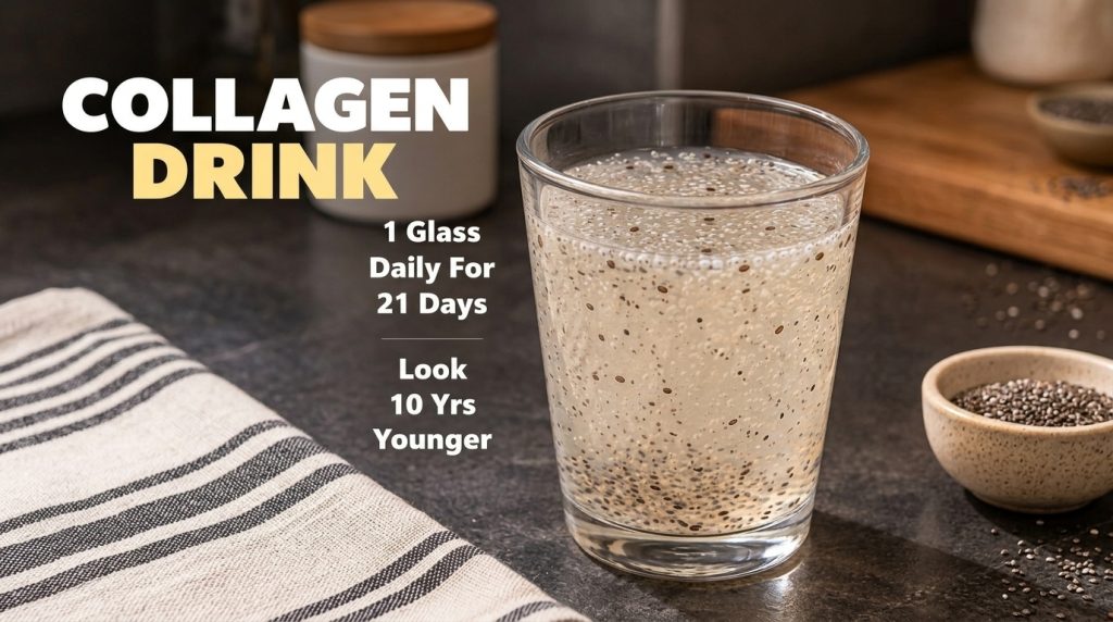 A prominent glass of Collagen Drink with chia seeds suspended in a light-colored liquid on a dark textured countertop