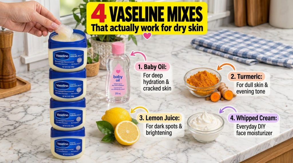A bright flat lay of four small jars of Vaseline mixes with a hand scooping from one Various natural ingredients like le