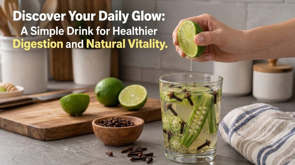 A hand squeezing a lime half with juice dripping into a clear glass The glass contains water slices of lime okra and who