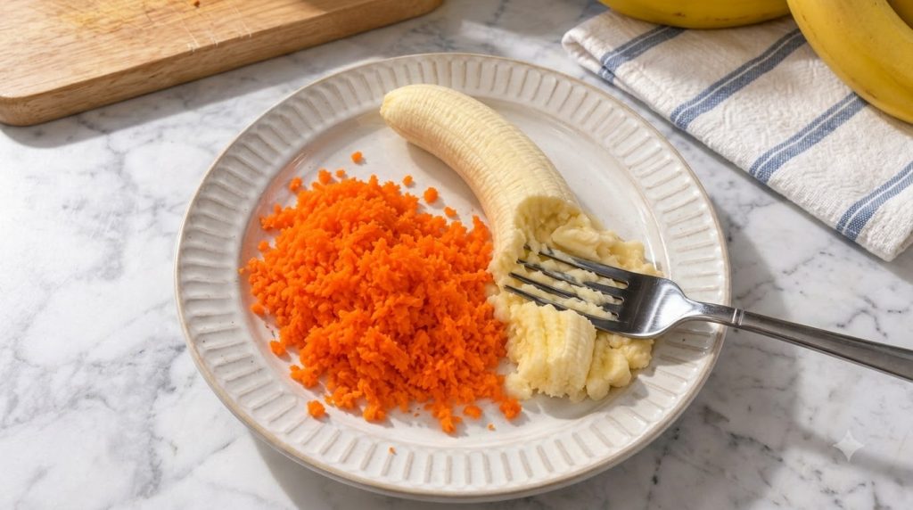 A close-up overhead view of a white textured plate containing a peeled banana partially mashed with a fork alongside a v