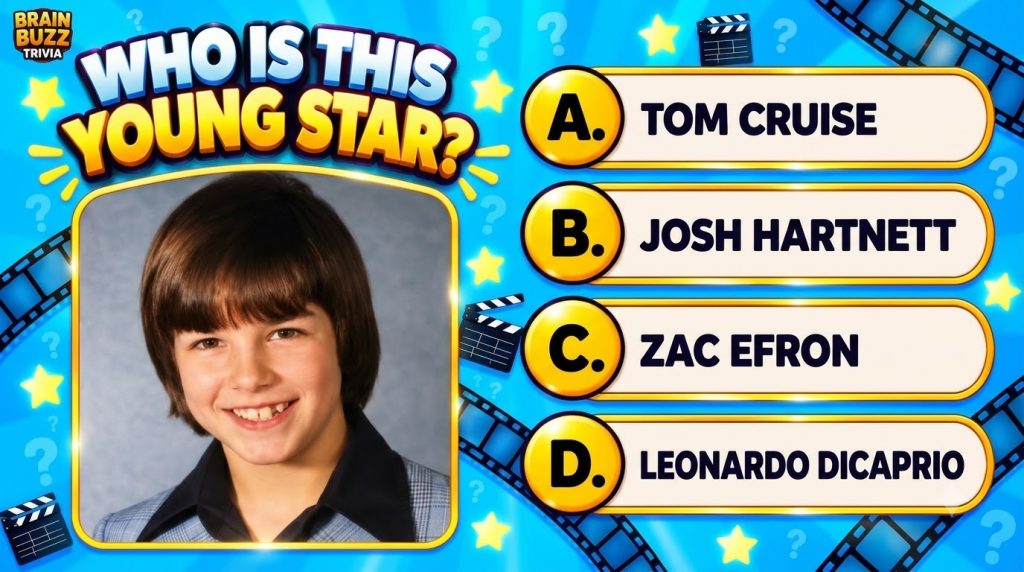 A vibrant trivia game screen featuring a central framed portrait of a smiling young boy with a bowl cut with the questio