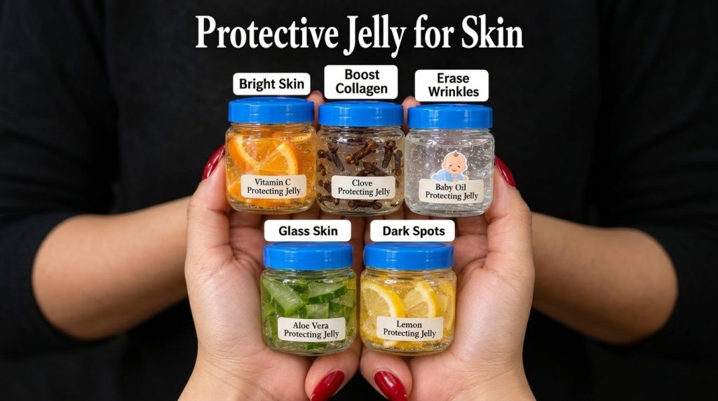 A pair of hands holding five small customized jars of Vaseline each mixed with a different natural ingredient like orang
