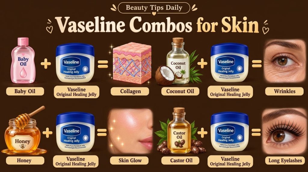 An infographic showing four different Vaseline combos for skin with each combo illustrating a specific beauty benefit It