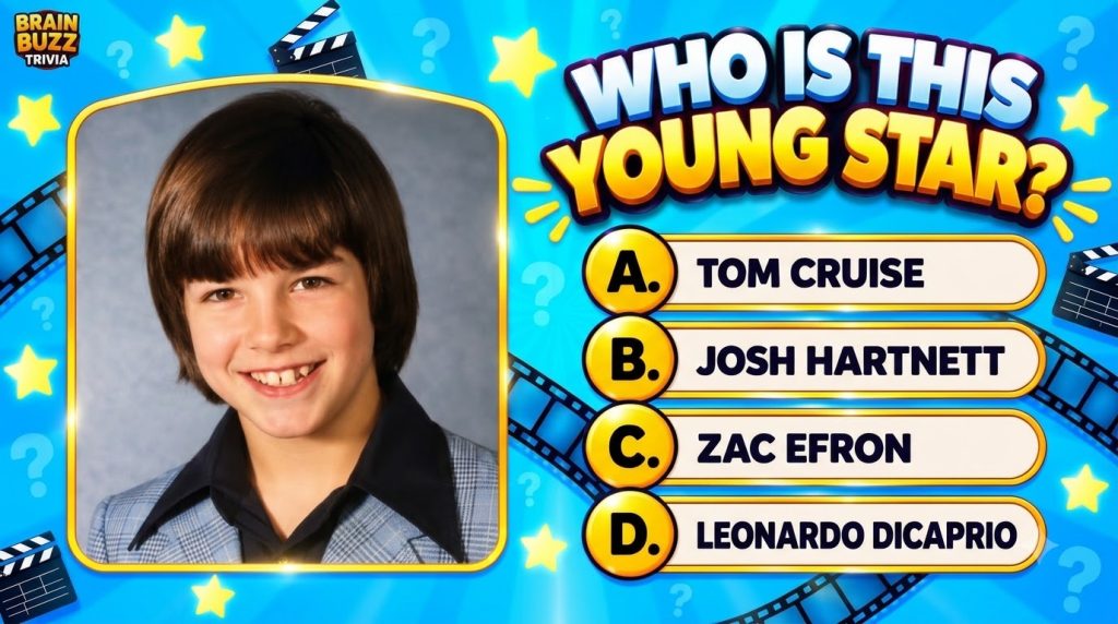 A mobile trivia game interface featuring a portrait of a smiling young boy with shaggy brown hair set against a light bl