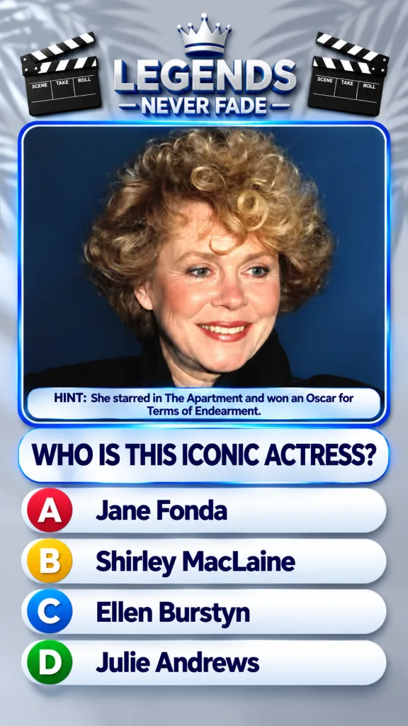 Quiz image featuring a smiling blonde woman with curly hair framed in blue with the text LEGENDS NEVER FADE and the ques