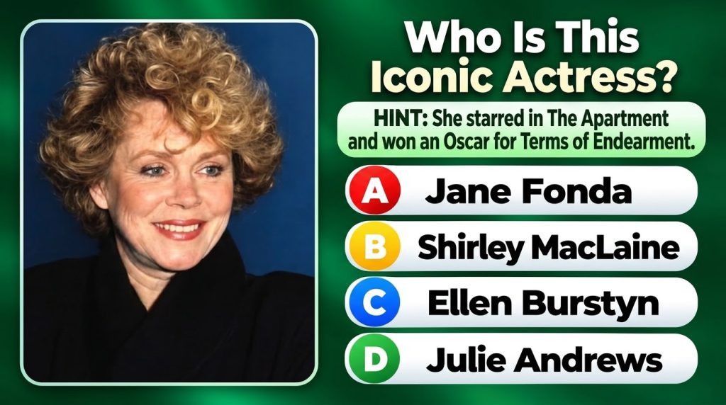 A smiling woman with curly blonde hair presented in a quiz format with the question Who Is This Iconic Actress and multi