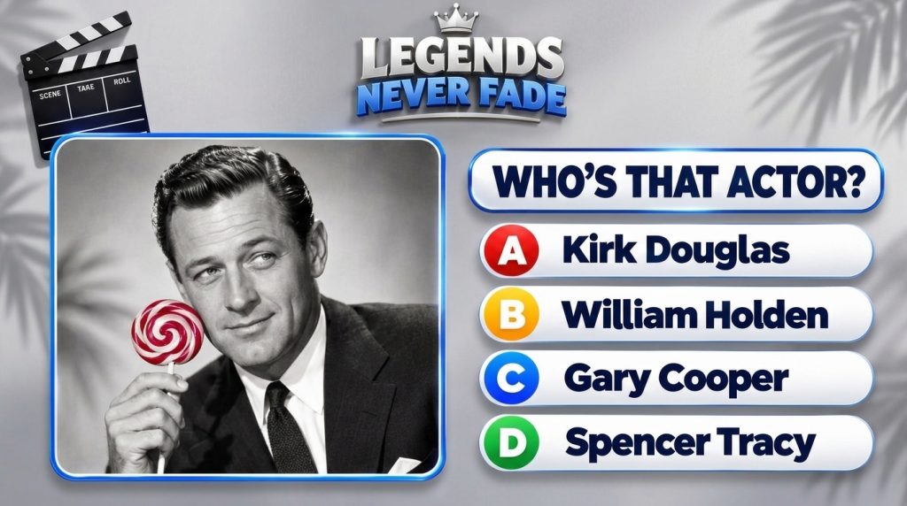 Black-and-white photo of classic Hollywood actor William Holden holding a lollipop as seen in a mobile quiz game