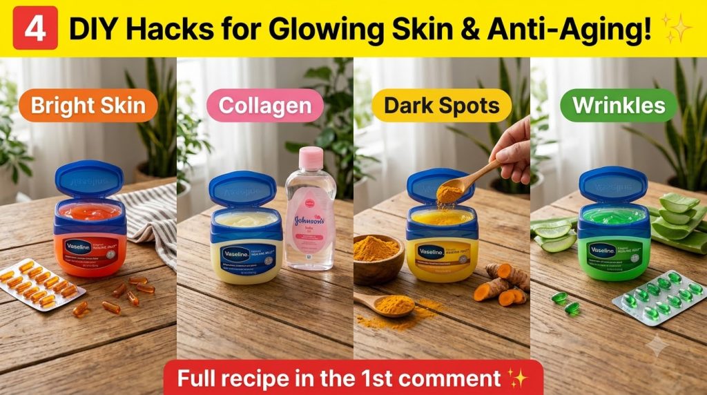 A four-panel grid showing different DIY beauty hacks using petroleum jelly and natural ingredients for bright skin colla
