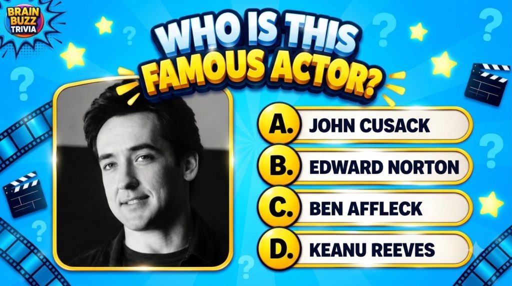 A black and white portrait of a young John Cusack on a vibrant blue quiz screen with film-themed icons