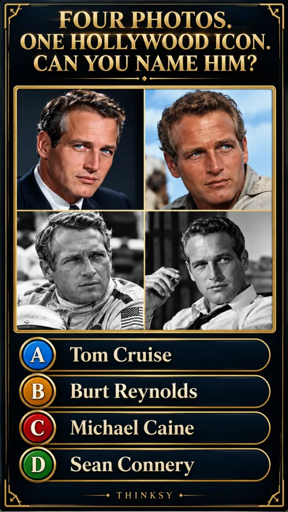 A Thinksy quiz card with a dark blue frame and golden borders featuring a 2x2 grid of four distinct portraits of Burt Re