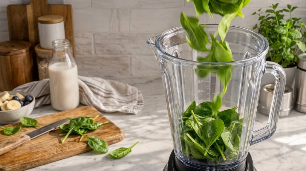 A clear glass blender pitcher partially filled with vibrant green spinach leaves with additional leaves captured mid-air