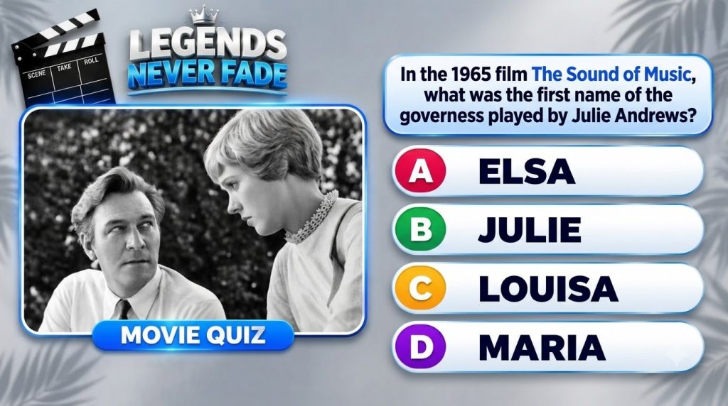 A mobile quiz interface featuring a black and white still of Julie Andrews and Christopher Plummer from The Sound of Mus