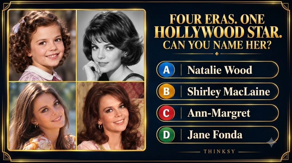 A 2x2 grid quiz image featuring four portraits of Natalie Wood at different ages Top left shows her as a young girl top 