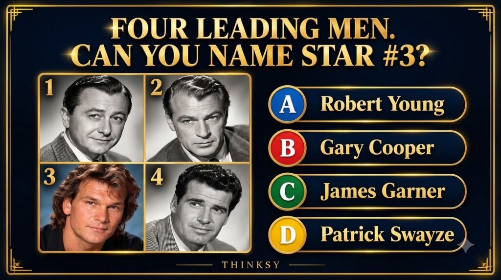 Quiz poster with four male celebrity headshots in a 2x2 grid three in black and white one in color An ornate golden bord