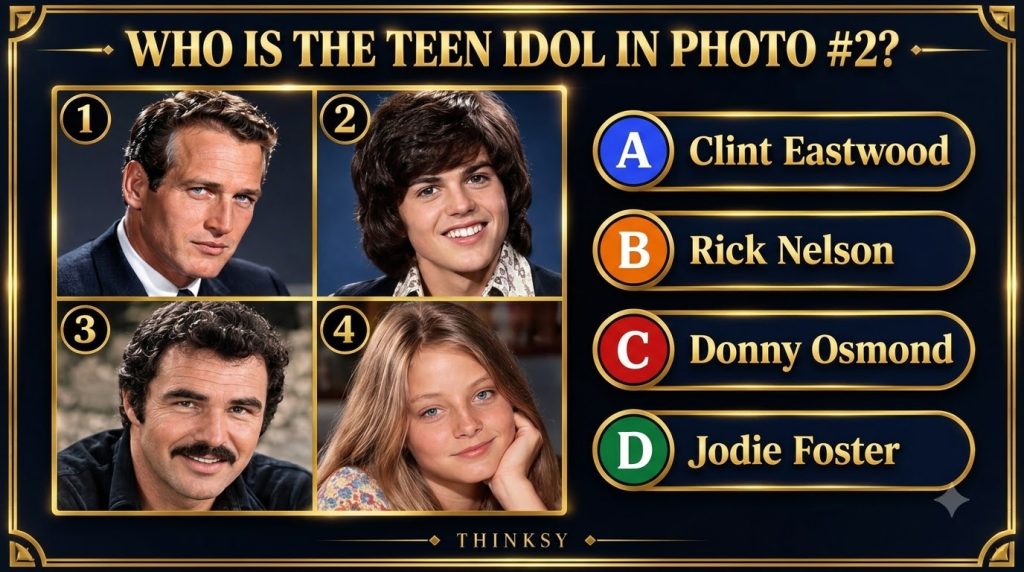 A multi-panel pop culture quiz graphic with a dark blue background and elegant gold borders The main question reads WHO 