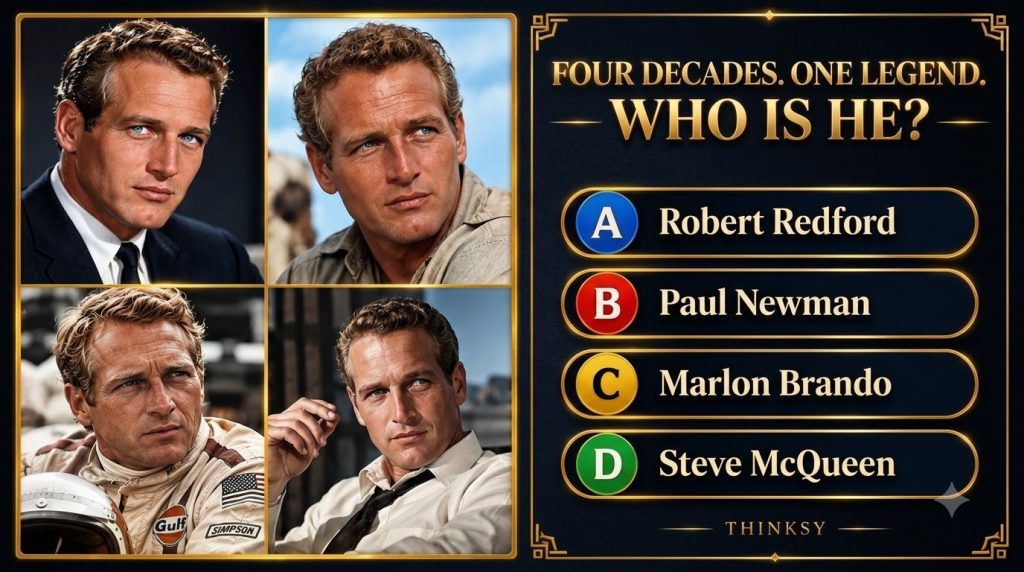 A quiz poster featuring four portraits of Paul Newman across different decades and roles with the title WHO IS HE and fo